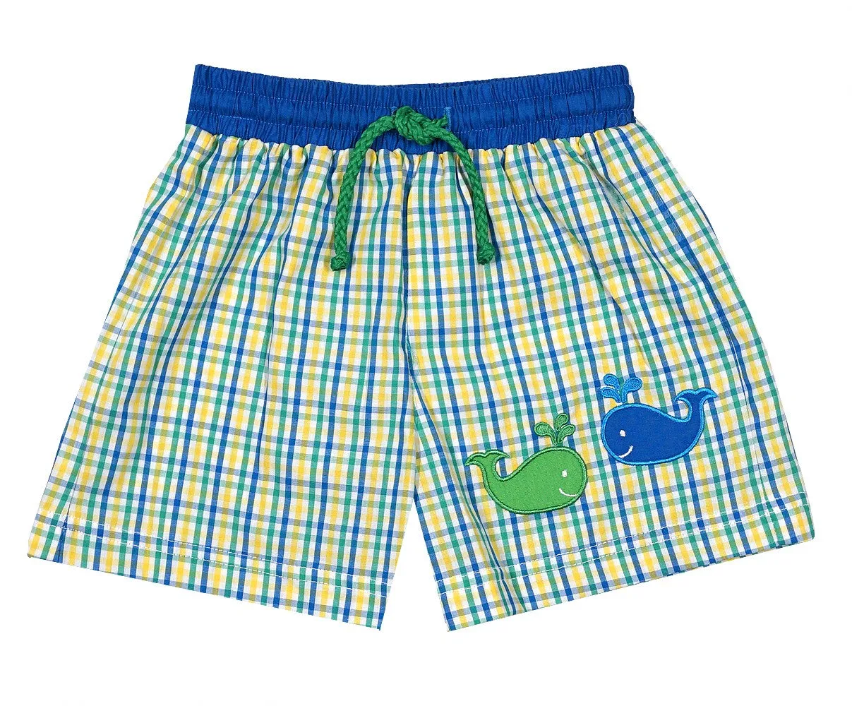 Claire & Charlie Baby / Toddler Boys Swim Trunks - Blue & Yellow Plaid with Whales