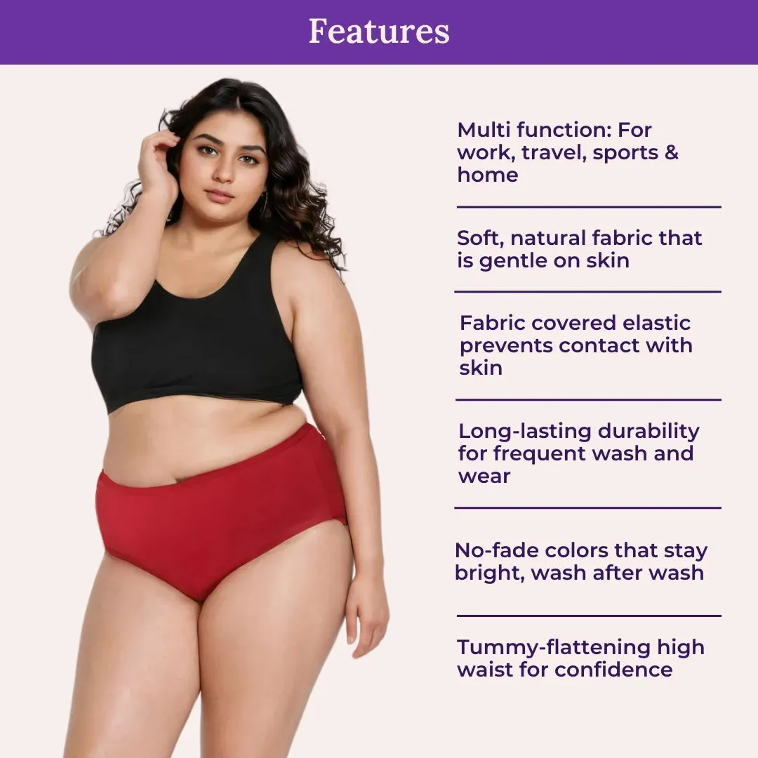 Curvy Women's Cotton Panties | High Waist | Full Hip Coverage | No Exposed Elastic At Waist & Thigh Round | Prevents Friction | Pack Of 3