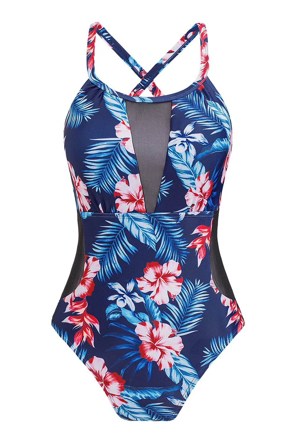 Floral Mesh Criss Cross One-piece Swimsuit