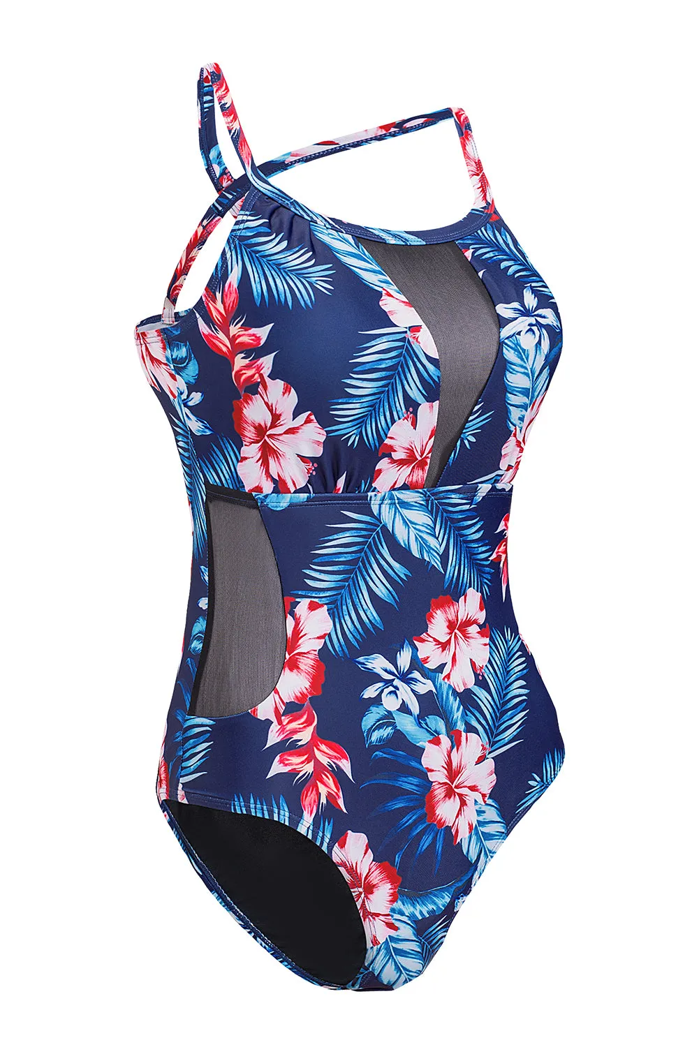 Floral Mesh Criss Cross One-piece Swimsuit