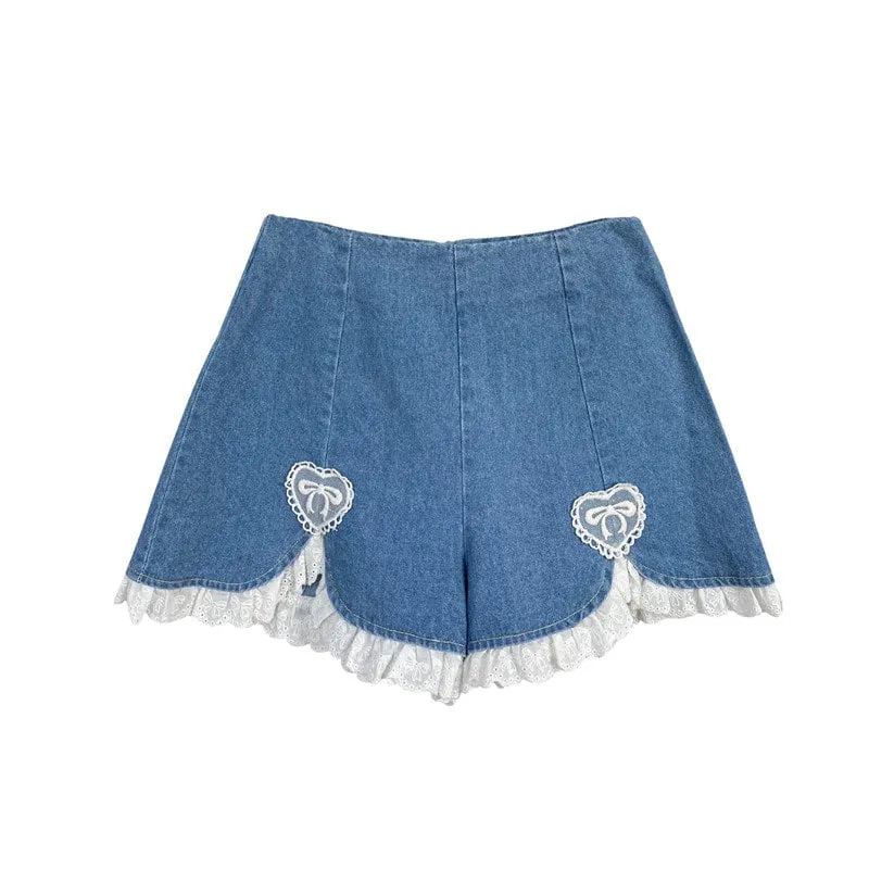 Heart Lace Wide-Leg Denim Shorts