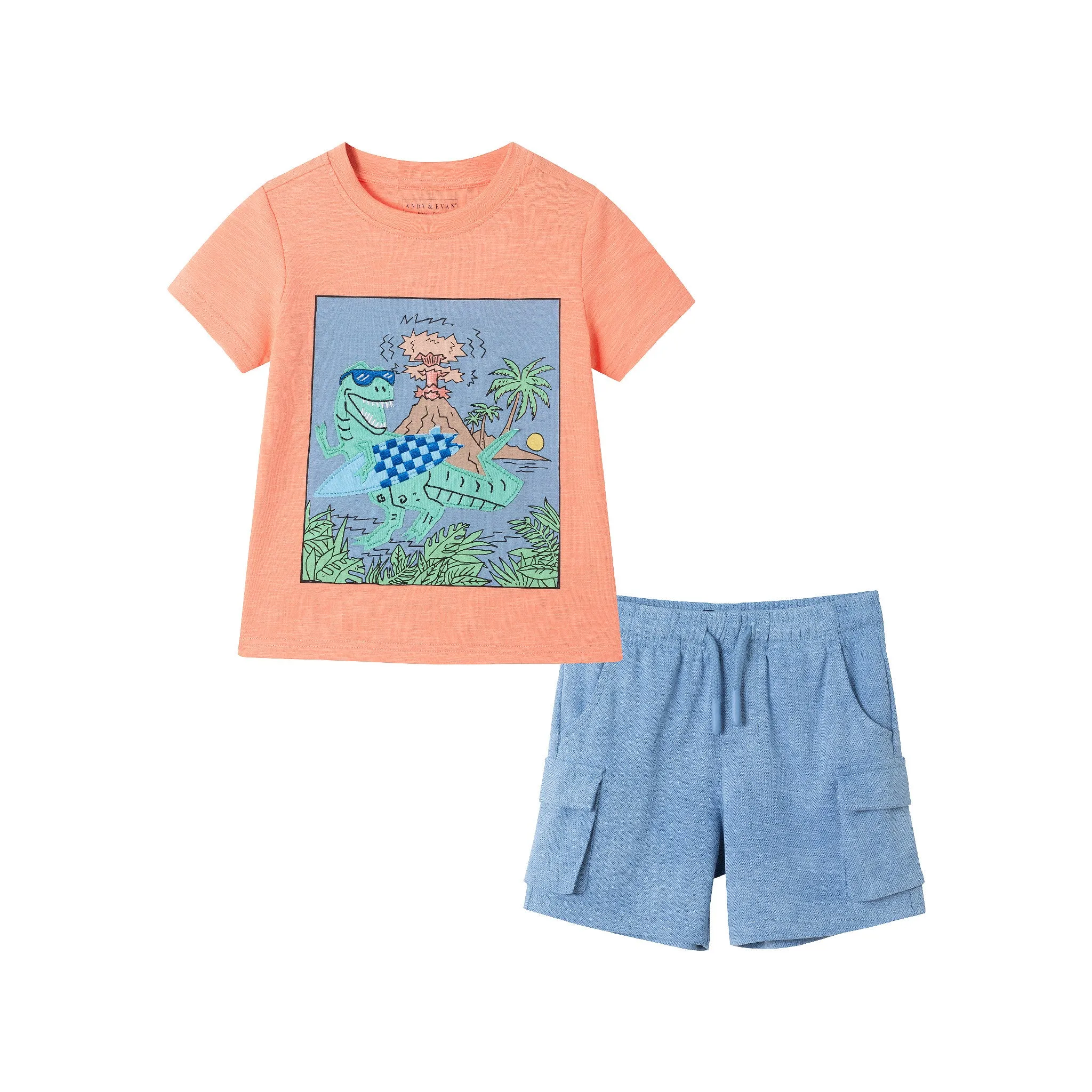 Kids (2-7) Applique Graphic Tee & Blue Washed Knit Cargo Short Set | Orange Dino