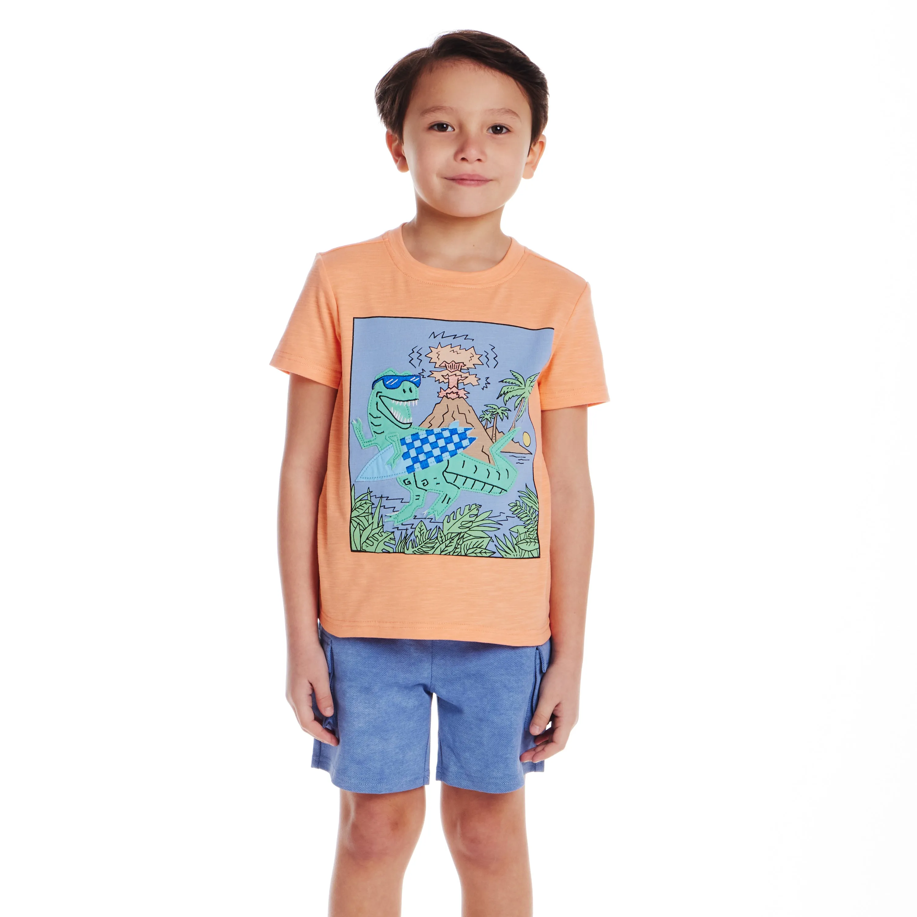 Kids (2-7) Applique Graphic Tee & Blue Washed Knit Cargo Short Set | Orange Dino