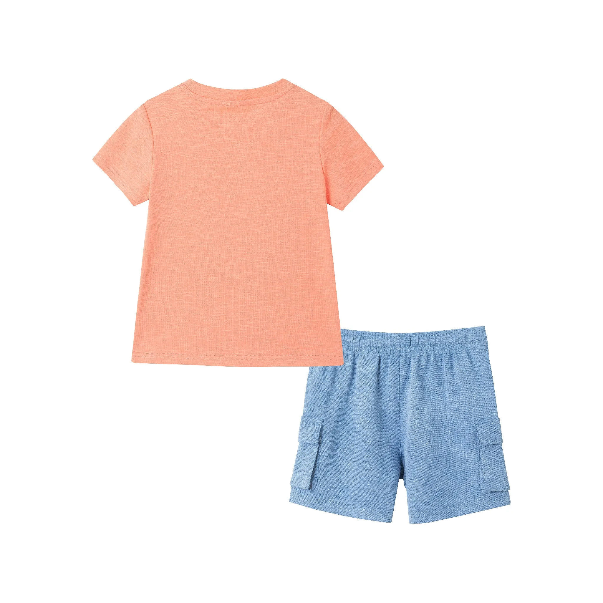 Kids (2-7) Applique Graphic Tee & Blue Washed Knit Cargo Short Set | Orange Dino