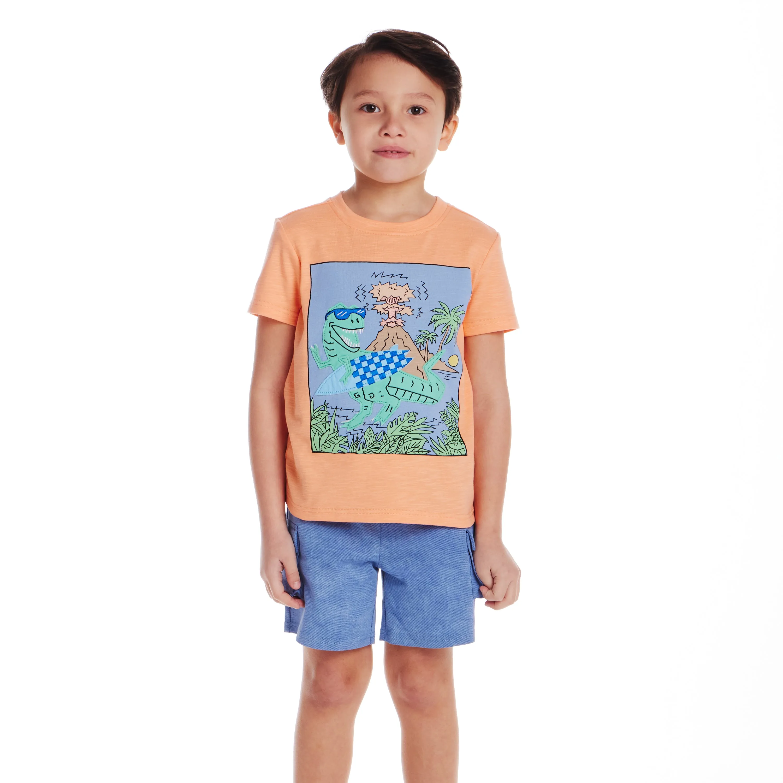 Kids (2-7) Applique Graphic Tee & Blue Washed Knit Cargo Short Set | Orange Dino