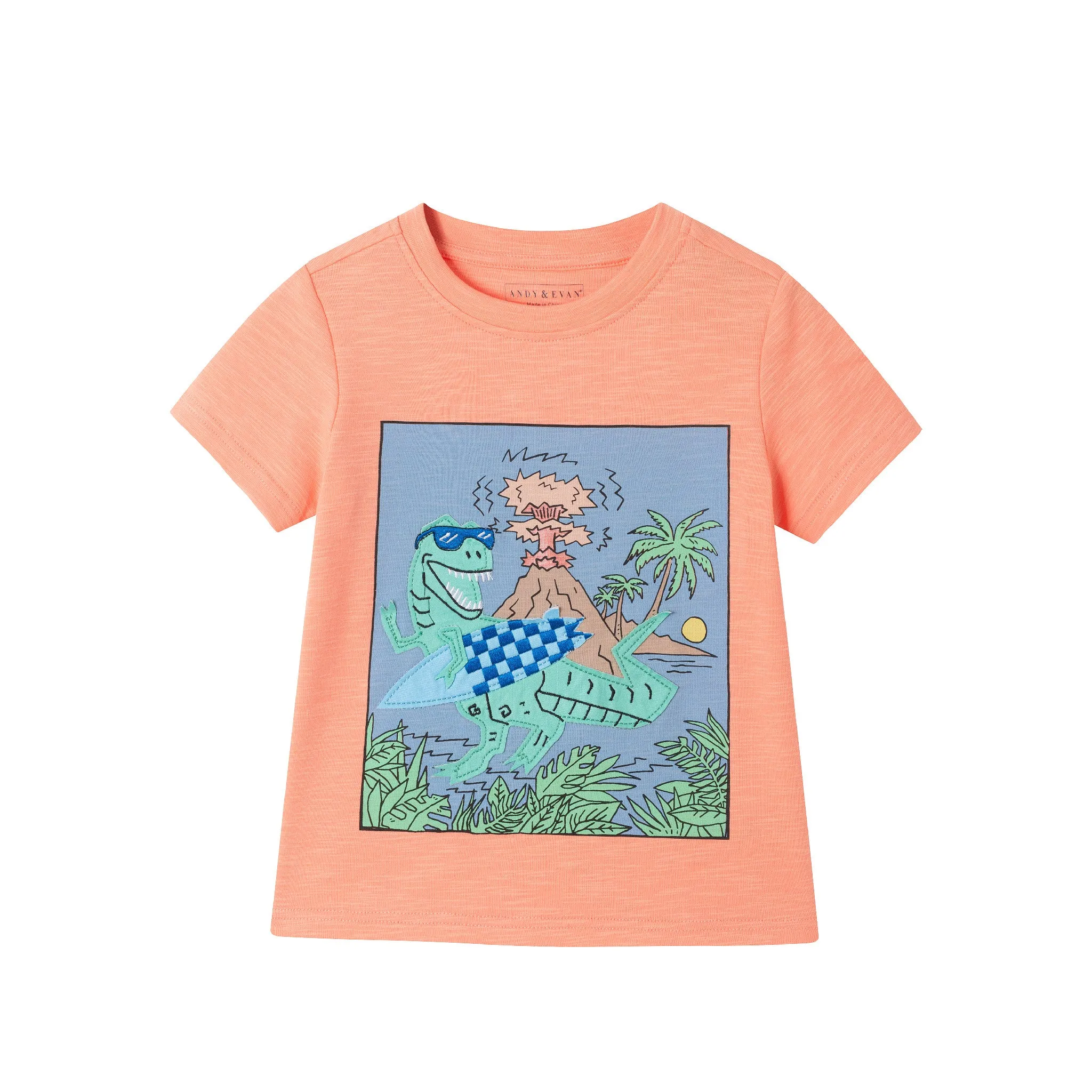 Kids (2-7) Applique Graphic Tee & Blue Washed Knit Cargo Short Set | Orange Dino