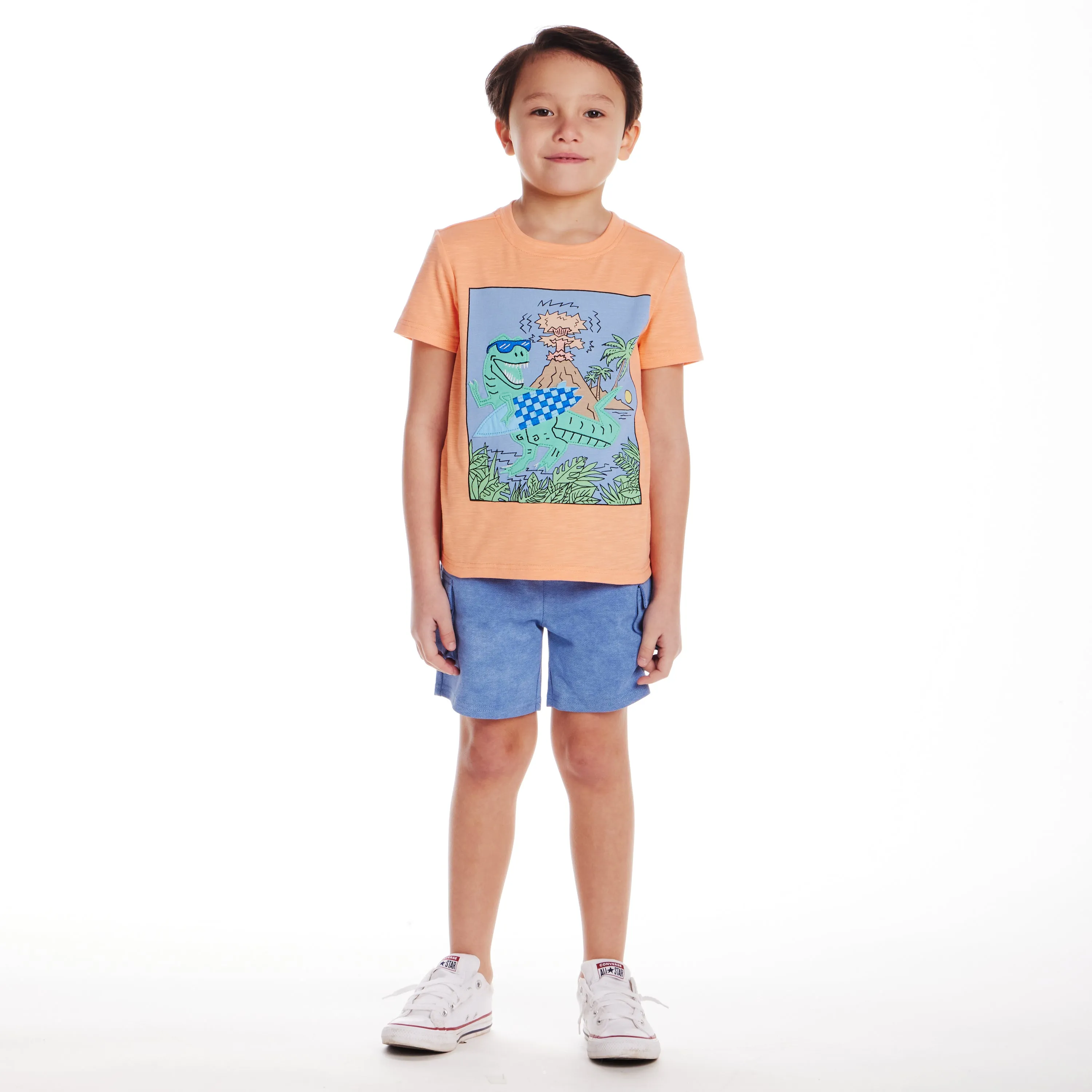 Kids (2-7) Applique Graphic Tee & Blue Washed Knit Cargo Short Set | Orange Dino