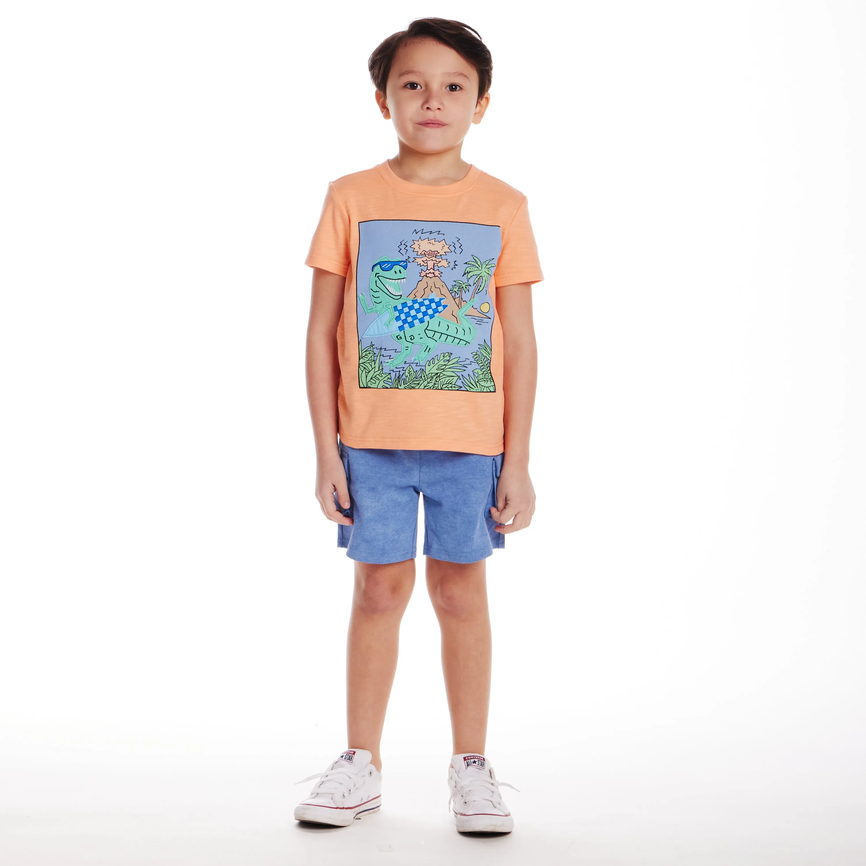 Kids (2-7) Applique Graphic Tee & Blue Washed Knit Cargo Short Set | Orange Dino