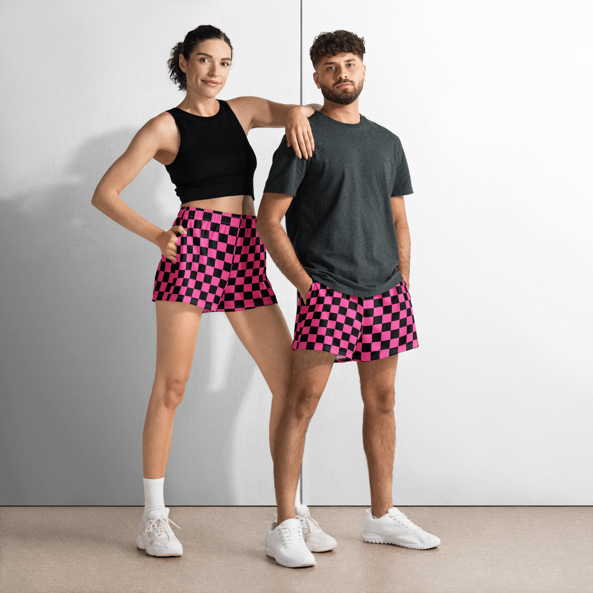 Pink Checkered Unisex Unlined Swim Trunks