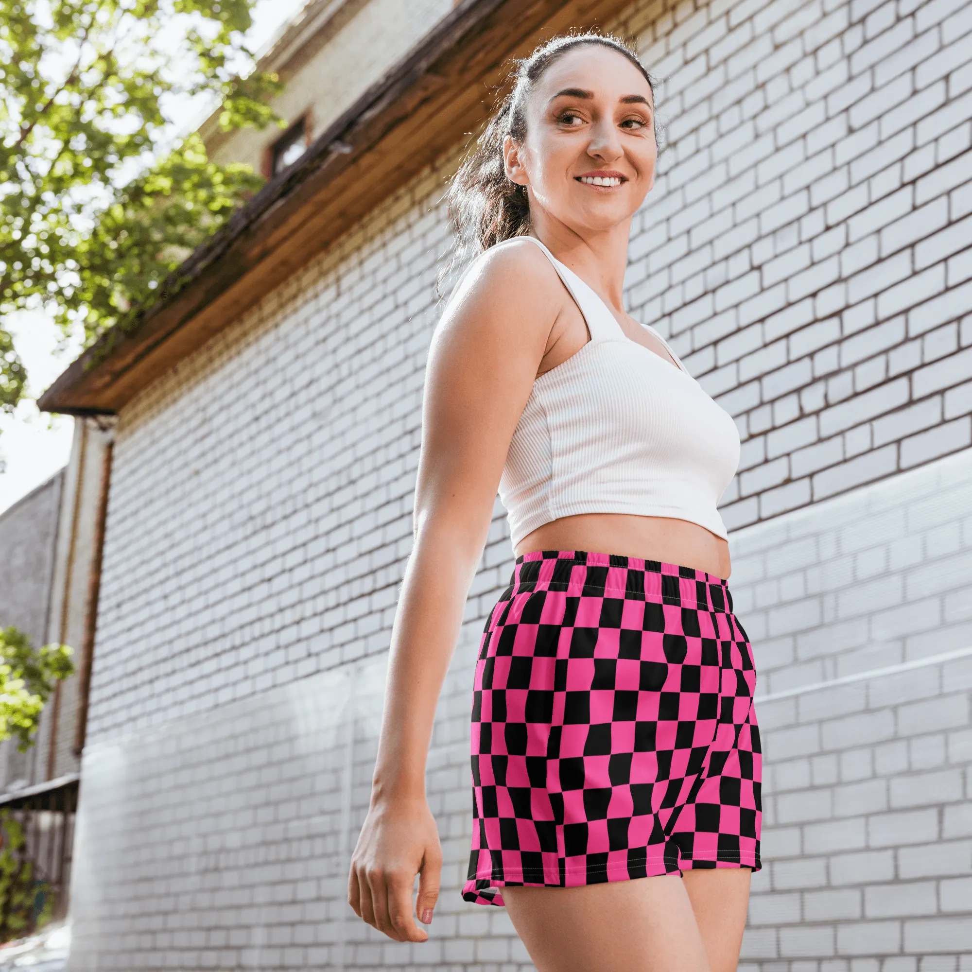 Pink Checkered Unisex Unlined Swim Trunks