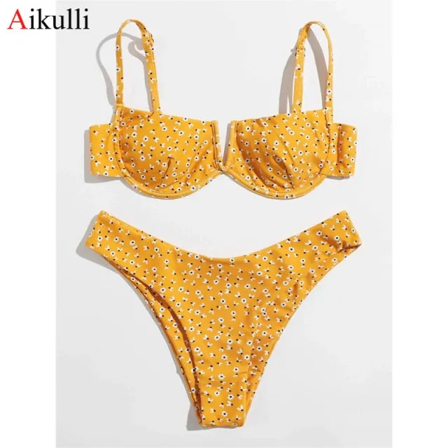 VenusFox Sexy V-bar Underwired Bikinis Floral Swimwear Women Swimsuit Female V-Neck Bikini Set Push Up Beach Wear Swim Bathing Suits
